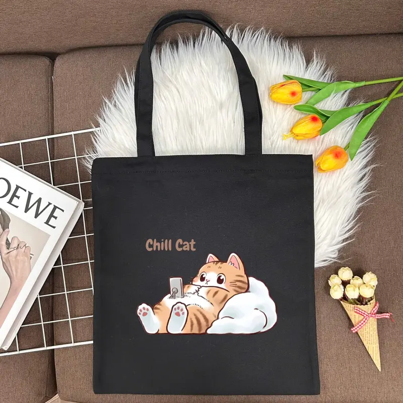 Túi tote nữ in hình mèo cute - Túi vải canvas có khoá kéo và túi phụ đi học, đi chơi - TOTE11 - Bag Chữ Nhật Đeo Vai 5