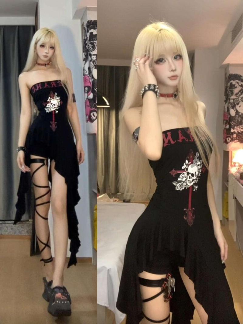 Product Introduction of European and American Printed Tube Top Dress Niche Irregular Ribbon off-Shoulder Short Skirt 7