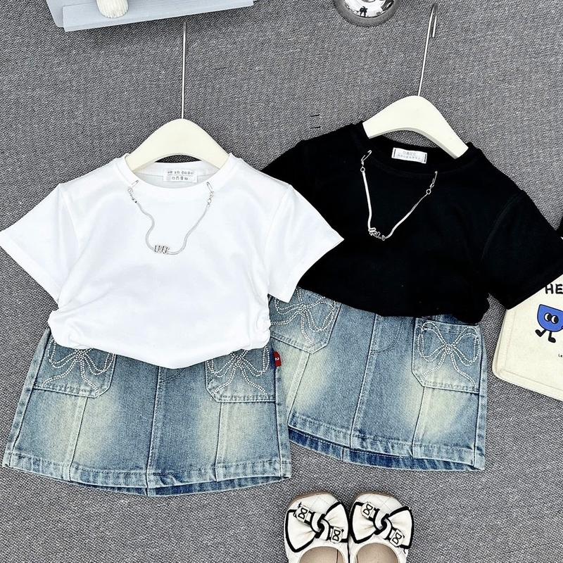 Set áo thun cotton nhún eo, kèm chân váy bò jean nơ đá sang chảnh (8-29kg)