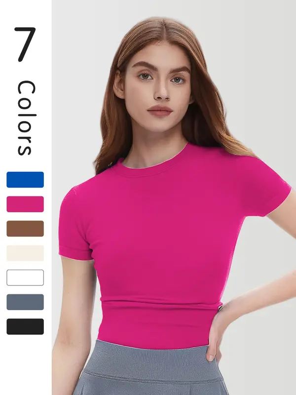 Women's Solid Color Round Neck Compression Sports Tee, High Stretch Breathable Quick Drying Short  Sleeve Crew Neck Top for Gym Workout Running, Ladies Sportswear for Indoor Outdoor Wear 1