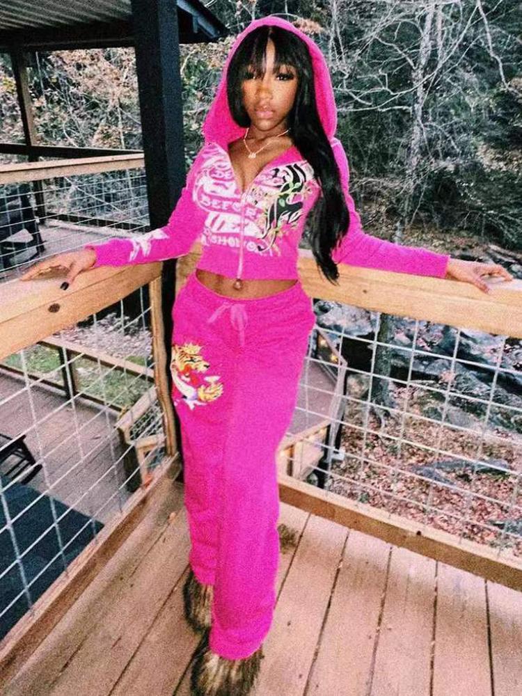 2 Piece Sets Womens Clothing Letter Print Sweatsuit Hoodie Zipper ...