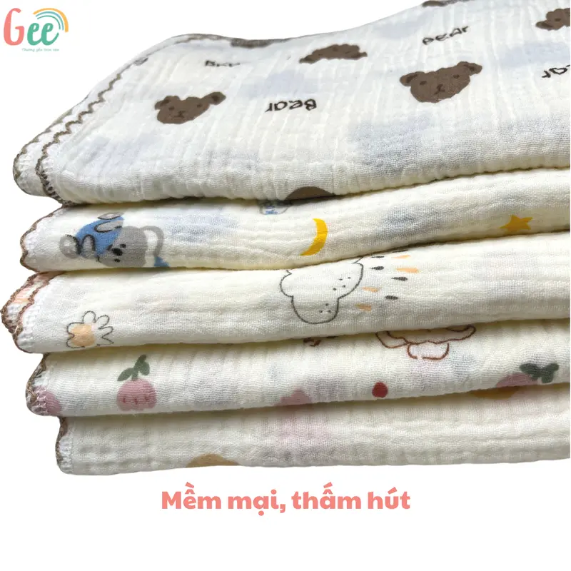 Khăn sữa muslin Gee, set 5 khăn xô mềm mịn mát, thấm hút, an toàn cho bé, họa tiết dễ thương, vải cotton 2 lớp, 30x30cm 4
