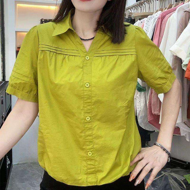 Áo Sơ Mi ngắn Tay Xếp Ly Phong Cách Trung Quốc Mới, Áo Sơ Mi Ngắn Eo, Hàng Mới Về Mùa Hè, Cổ Áo bẻ xuống Mỏng, Áo Bó Sát Dáng Rộng Rãi, Dành Cho Nữ 2