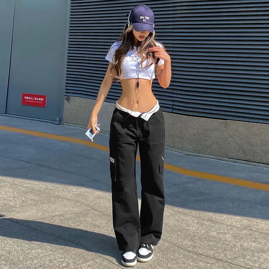 Women Casual Cargo Pants, Dark Blue Patchwork Straight-leg Trousers with Multiple Pockets, S/M/L