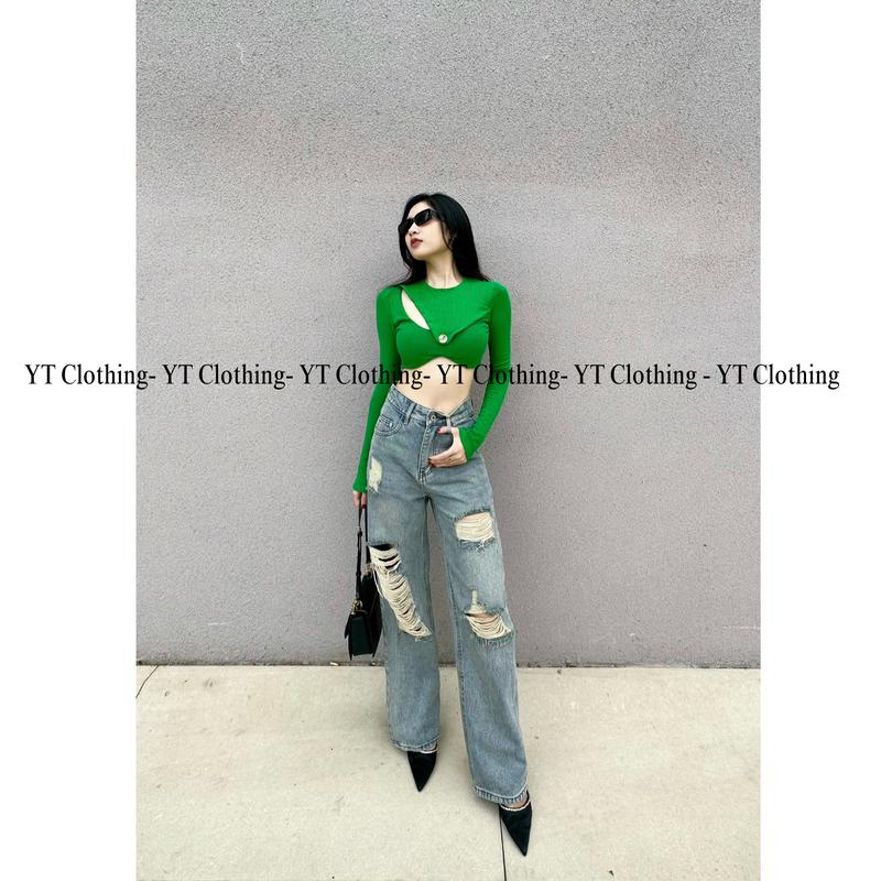 XÃ KHO NGHỈ BÁN Quần Jeans Nữ Ống Suông Quảng Châu, Rách Đùi, Lưng Cao 4