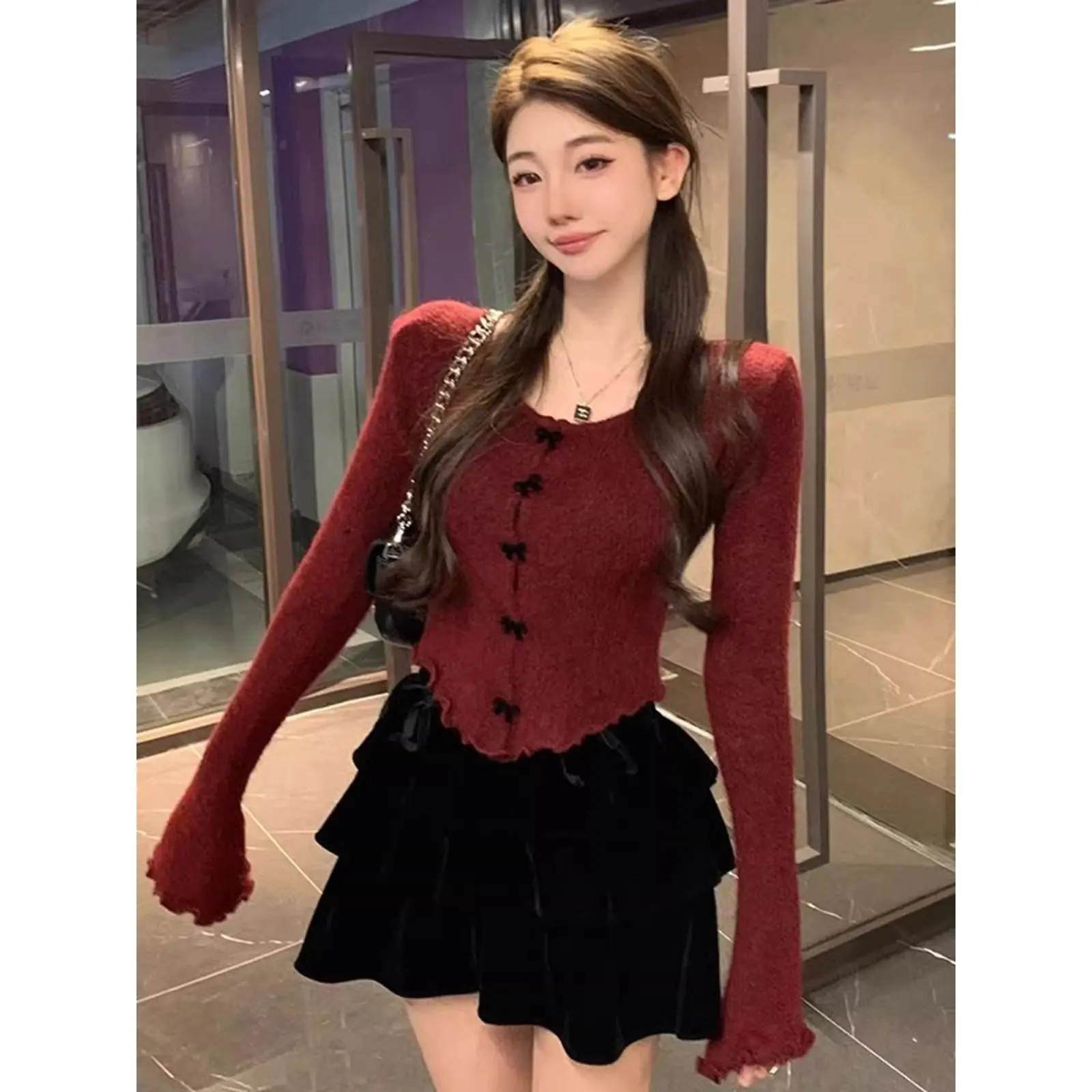 Áo Cardigan Dệt Kim, Phong Cách Pháp, Cổ Chữ V Nhỏ Có Nơ, Dây Selvedge, Dành Cho Nữ, Hàng Mới Về Thu Đông 2024, Women Top áo  len áo  len