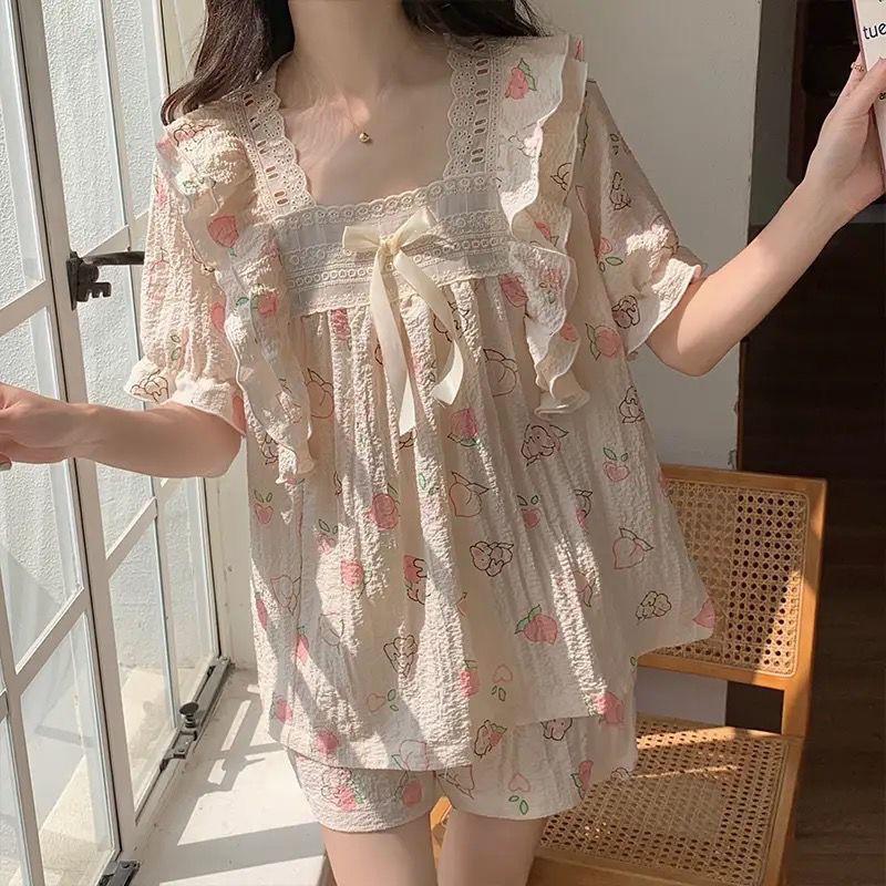 Product Introduction of Bộ đồ ngủ bằng vải bông mùa hè của phụ nữ Dễ thương Patrick Ngôi sao ngắn tay ren trang trí bong bóng Nếp nhăn Mục vụ Loungewear hai mảnh Áo 21