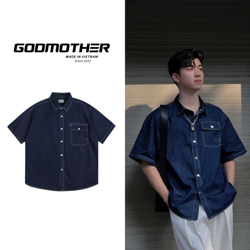 Áo Sơ Mi Denim GODMOTHER Áo Sơ Mi Basic Form Rộng Nam Nữ Unisex Phong Cách Tối Giản Xuân Hè 2025