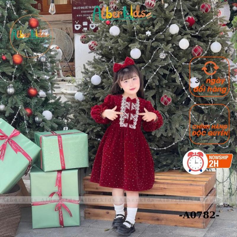 Váy bé gái dài tay ALBERKIDS đỏ nhung đính đá phối ren ngực cho trẻ em 2,3,4,5,6,7,8,9,10,11,12 tuổi A0782