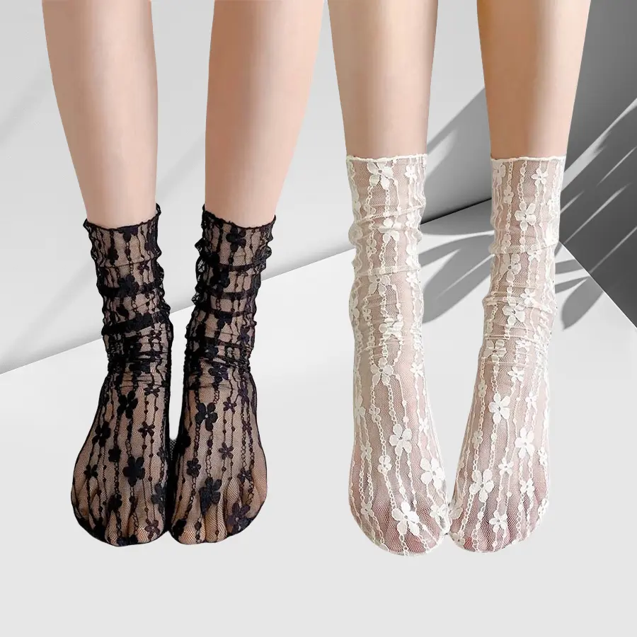 SS25 Tất Bắp Chân Hoa Ren Trắng, Phong Cách Nhật Bản, Dành Cho Nữ, Tất Ống Giữa, Thích Hợp Cho Mùa Hè Women