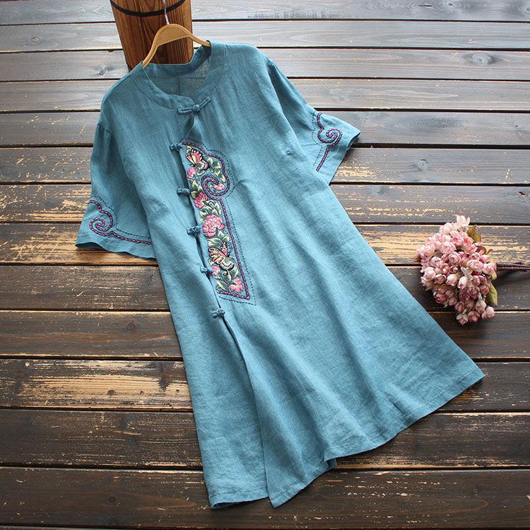 ZAVA-Váy Cotton Và Vải Lanh Thêu Cho Nữ, Phong Cách Dân Tộc Mới, Khóa Đĩa, Tay Áo Ba Phần Tư, Sườn Xám Trung Quốc, Mùa Hè Dress Women 6