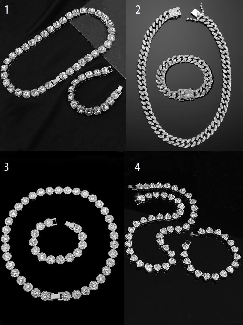 Product Introduction of Rhinestone Decorated Cuban Chain Necklace & Bracelet, Fashion Jewelry for Party, Daily Clothing Decor, Trendy All-match & Exquisite Jewelry for Birthday Gift 0