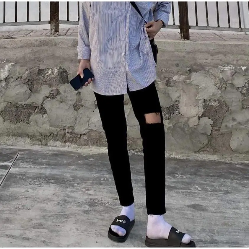 Quần jean bò nam đen rách gối 1 bên co giãn cực tốt dáng slimfit skinny cao cấp giá rẻ hà nội hcm Denim Menswear Denim Menswear Cotton