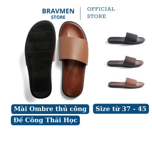 Dép da nam Công Thái Học Bravmen đế mài Ombre thủ công độc đáo thiết kế quai bảng ngang chính hãng K04