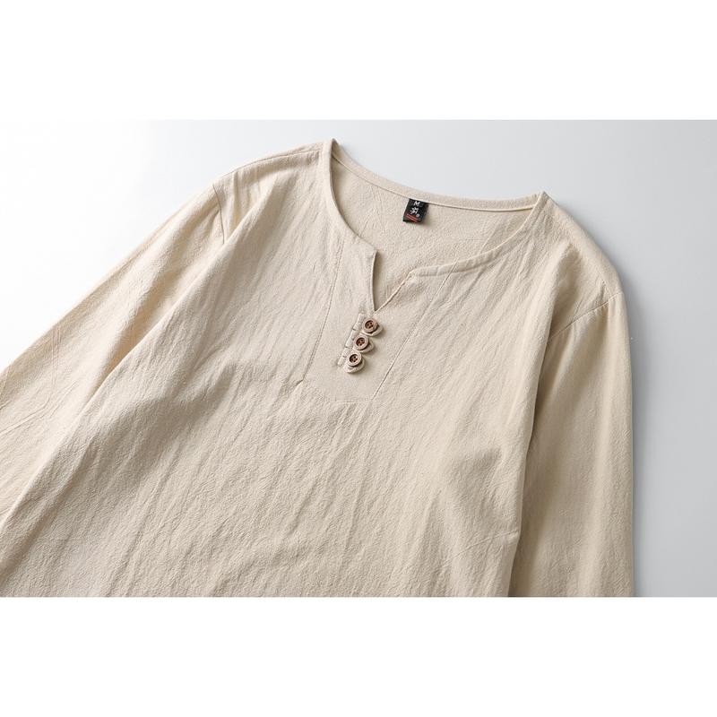 Men's Oversize Summer Cotton Linen V-Neck Chinese T-shirt with Long Sleeves - Plus Size 4