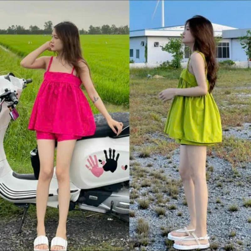 Đồ bộ nữ quần đùi áo dây bính vải lụa Hàn freesize 40-60kg màu đen tua rua - Top Women