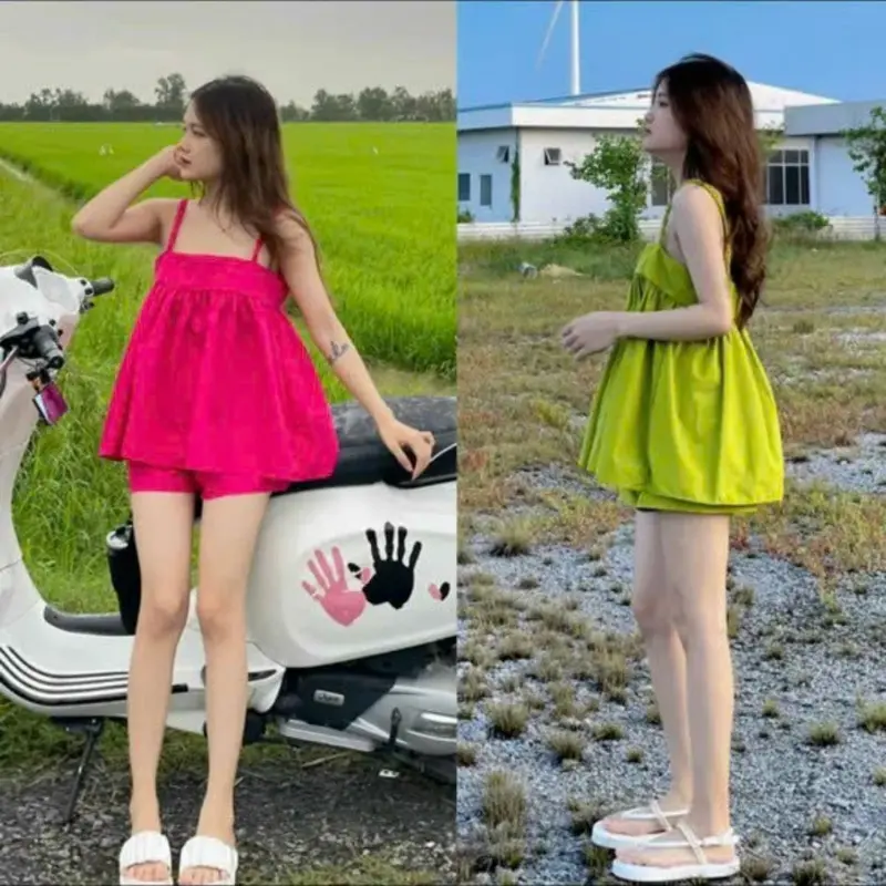 Đồ bộ nữ quần đùi áo dây bính vải lụa Hàn freesize 40-60kg màu đen tua rua - Top Women