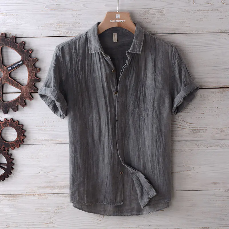 Japanese-Style Retro Linen Short Sleeve Shirt Men's Summer Casual Thin Shirt Breathable and Loose Half Sleeve Cotton Linen Shirt