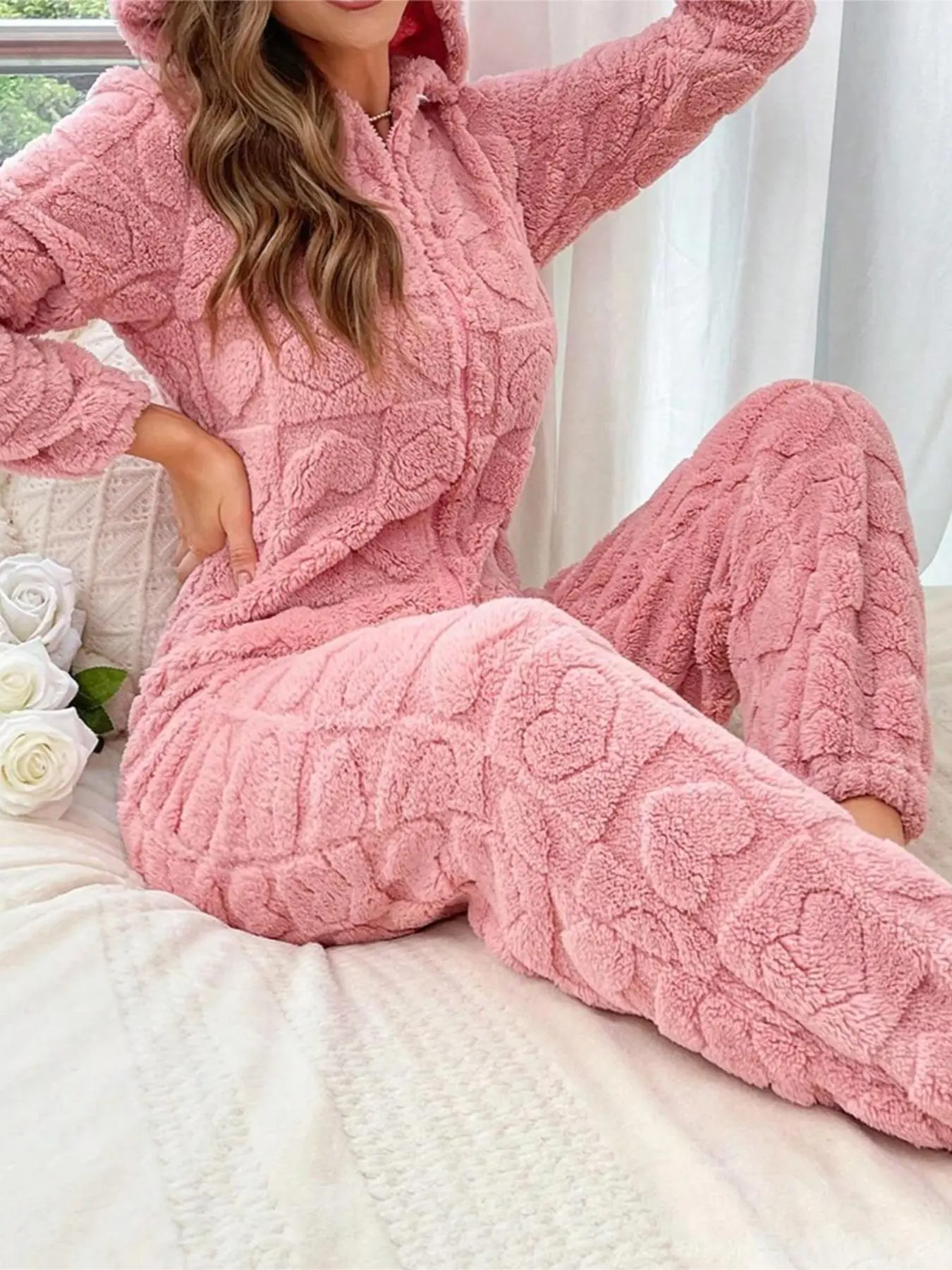 Women's Heart Jacquard Zip Up Hooded Sleep Jumpsuit, Casual Long Sleeve Jumpsuit for Fall & Winter, Valentine's Day Gift, Women's Sleepwear for Indoor Wear, Onesie
