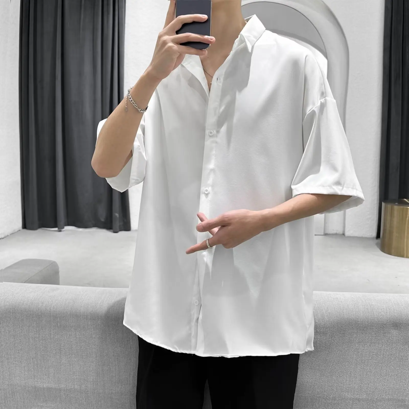 Áo sơ mi Trắng Nam Nữ tay ngắn thời trang cực ngầu form rộng phong cách Unisex Menswear Shirt