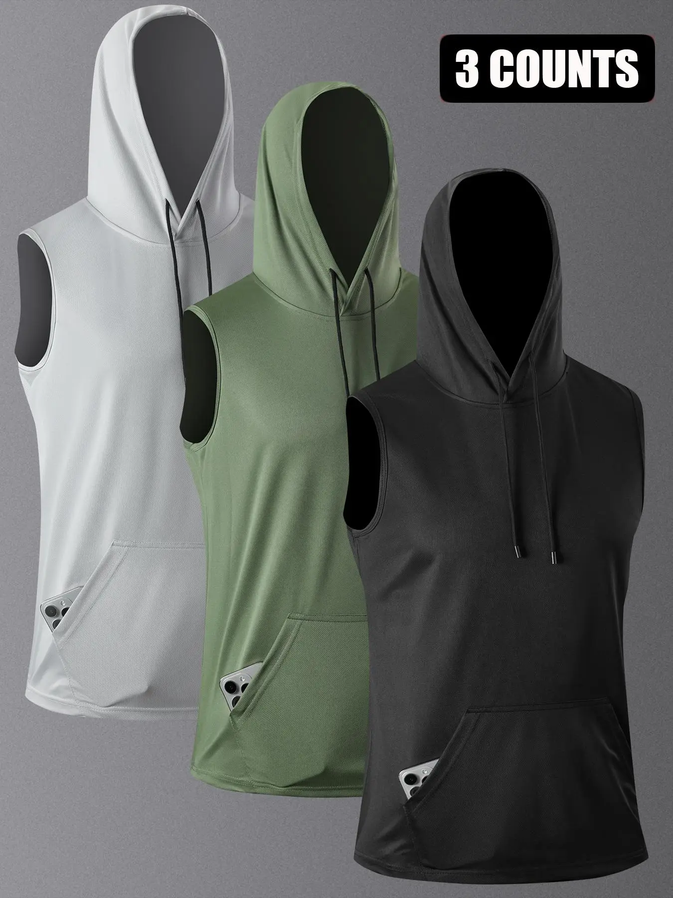 Men's Solid Pocket Tank Top, Quick Drying Breathable Sleeveless Hooded Vest, Summer Sports Tops for Gym Workout Running, Activewear