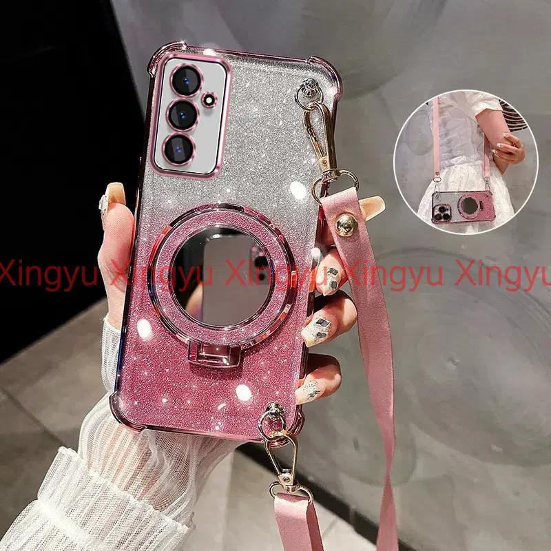 luxury neck strap case for Samsung A14 A24 4G A25 A34 5G A54 5G four corners shockproof phone case 3D makeup mirror bracket TPU silicone soft case with crossbody lanyard