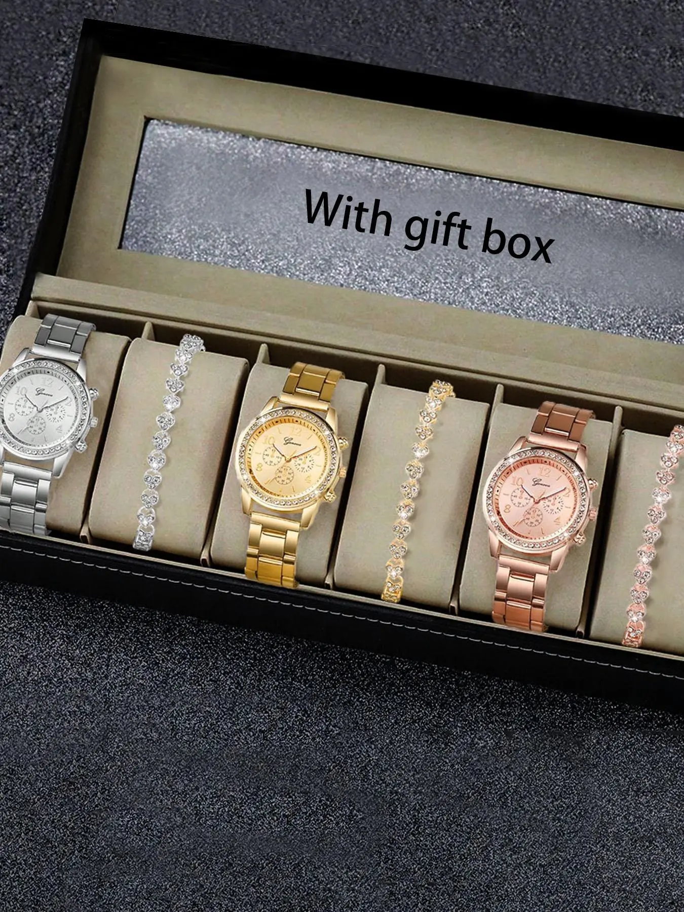 Women's Elegant Fashion Rhinestone Decorated Alloy Belt Quartz Watch & Bracelet, with Box, Fashion Watch Set for Party, Daily Decor, Trendy All-match & Exquisite Watch Set for Birthday Gift