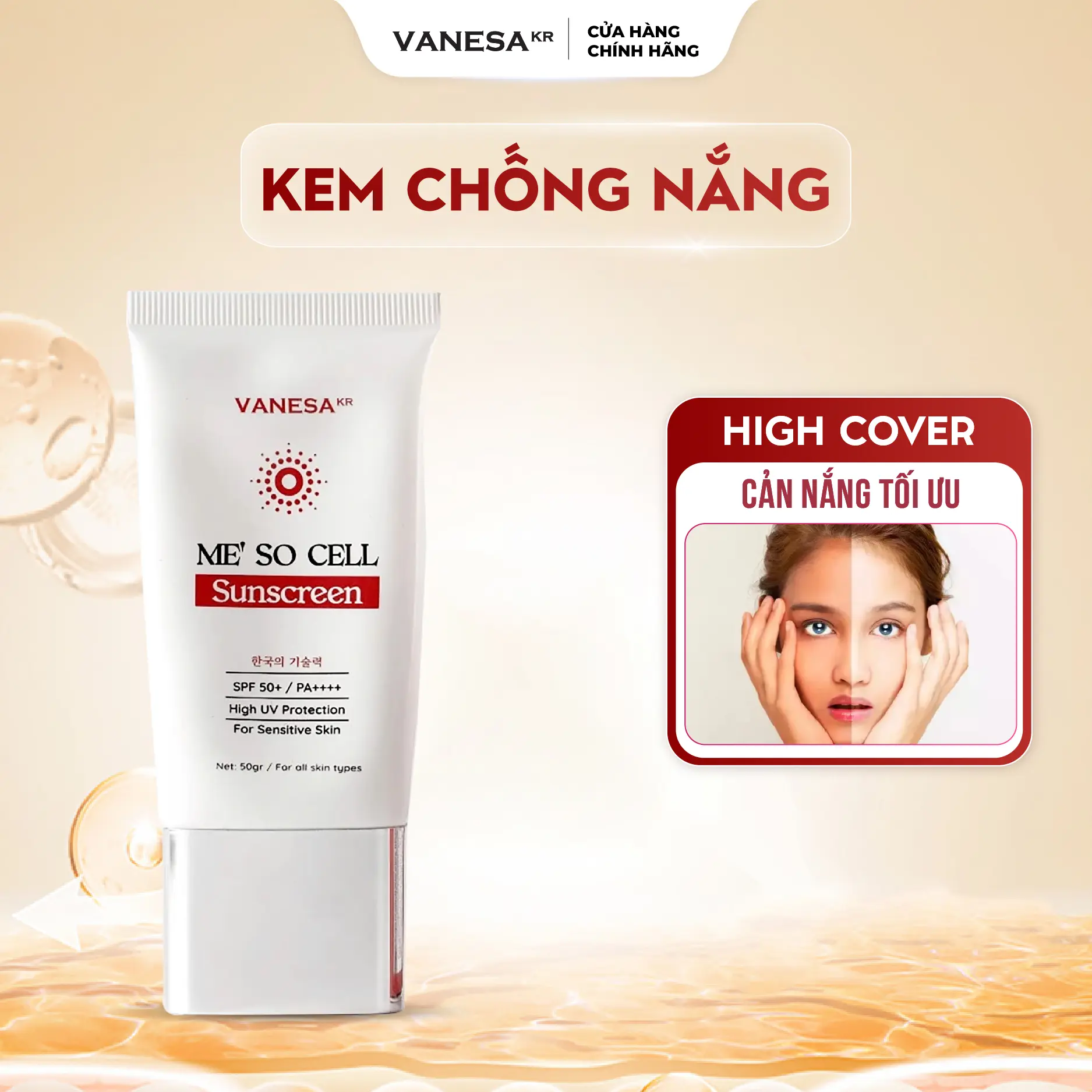 Kem Chống nắng Me'so Cell Suncream Vanesa 50ml chỉ số SPF 50+  PA++++ Skincare Kem Chống Nắng