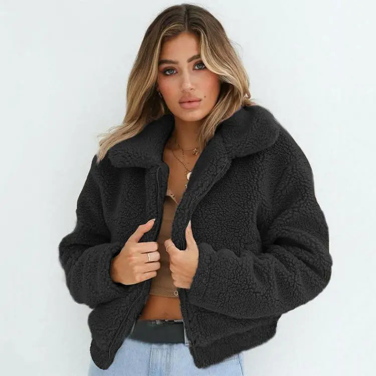 Sweater Wanita Jaket Crop Zipper Sherpa Bulu Domba Tebal Winter Fit Casual