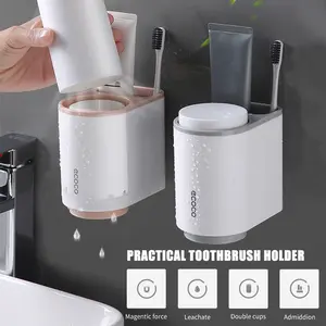 Pembersih Ecoco Rak Sikat Gigi &amp; Gelas Magnetic Wall Mounted Toothbrush Holder - E1905 - Gray