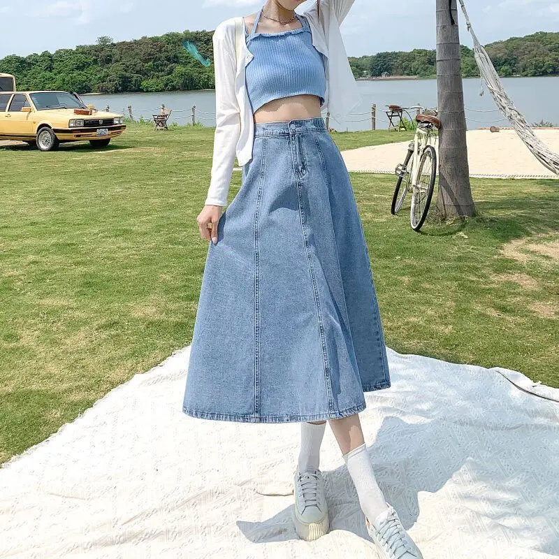 Chân Váy Midi, Dành Cho Nữ, Dài Trung Bình Chân Váy Denim, Xếp Ly, Cạp Cao, Ôm Vừa Vặn, Chữ A, Xếp Nếp, Thích Hợp Cho Mùa Xuân Và Mùa Hè, Hàng Mới Về Năm 2025 Women 5