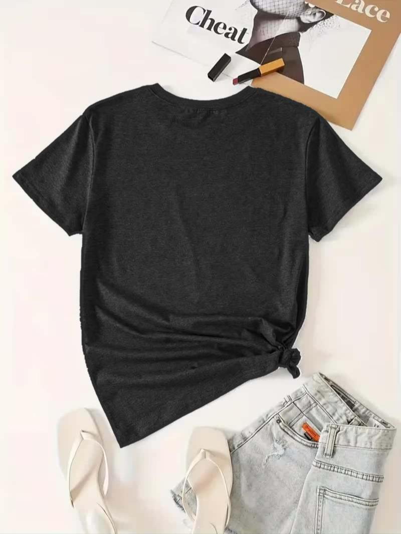 Product Introduction of 【Plus Size】 Letter & Cowboy Hat Print Round Neck Tee, Fashion Casual Crew Neck Short Sleeve T-shirt for Daily Holiday Vacation Outdoor Wear, Women Clothing for All Seasons 6