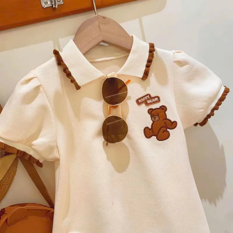 V023 - Váy Polo Thêu Gấu Dáng Xuông Cổ Viền Nâu Bé Gái (8-29kg) 1