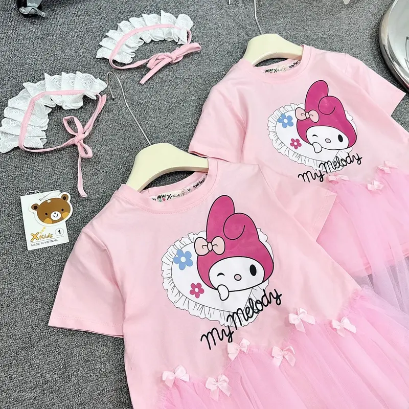 (Shopmesockids) Váy cotton Melody hồng mix ren cho bé gái 2