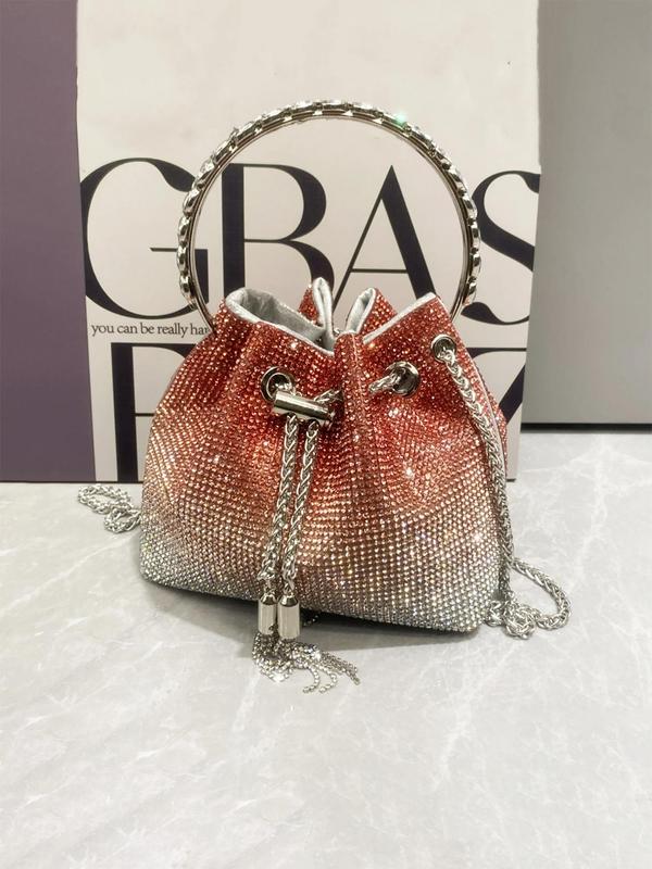 Women's Rhinestone Decorated Evening Bag with Round Top Handle, Elegant Shiny Tassel Chain Drawstring Design Shoulder Bag for Party, All-match Commuter Bag for Work & Daily Used, Valentine's Day Gift for Girl, Ladies Purse 4
