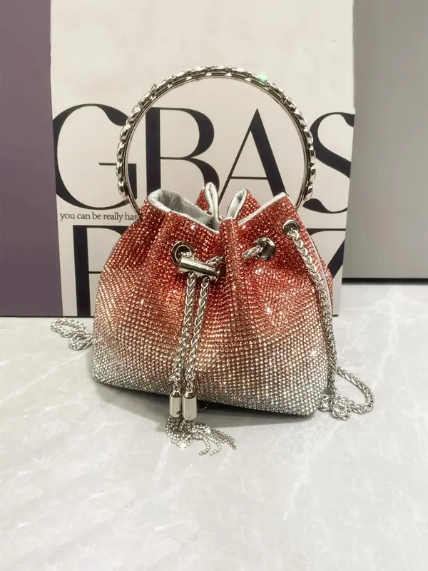 Women's Rhinestone Decorated Evening Bag with Round Top Handle, Elegant Shiny Tassel Chain Drawstring Design Shoulder Bag for Party, All-match Commuter Bag for Work & Daily Used, Valentine's Day Gift for Girl, Ladies Purse 3