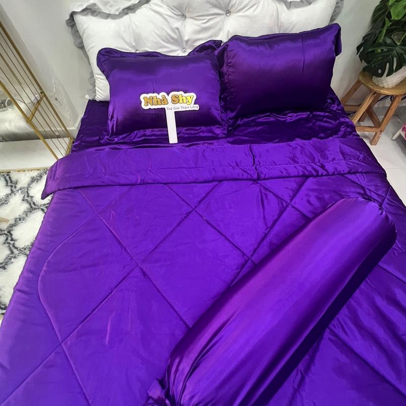 Bộ Chăn Gra Phi Lụa 5 Món Màu Tím - Set 4 món không mền , set 5 món có mền - Nhà Shy