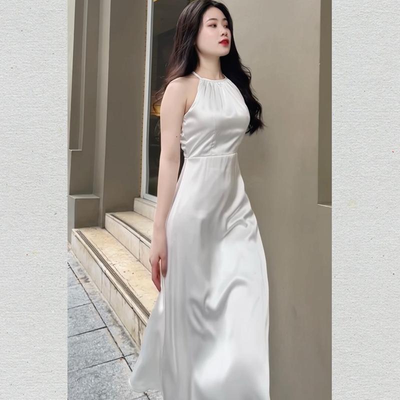 VÁY LỤA DỰ TIỆC CỔ YẾM  DÁNG DÀI Trơn Kín Lưng Chất Lụa Hàn Mềm Miịn Có Mut Lót Đúp Phong Cách Sang Trọng Dành Cho Nữ Đủ Size Ba MAù  - TV27 Ôm gọn Thanh lịch Dress Đầm Trắng Voan Women Voi