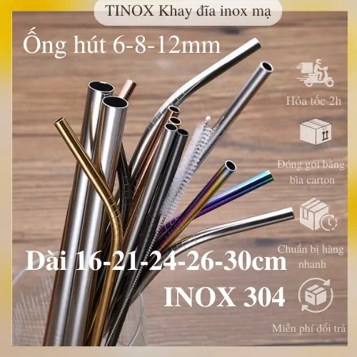Ống hút inox 304 TAMUSHOP92 Ống hút trân châu cong thẳng mạ màu vàng 6mm 8mm ngắn16cm dài 21cm 24cm OI001