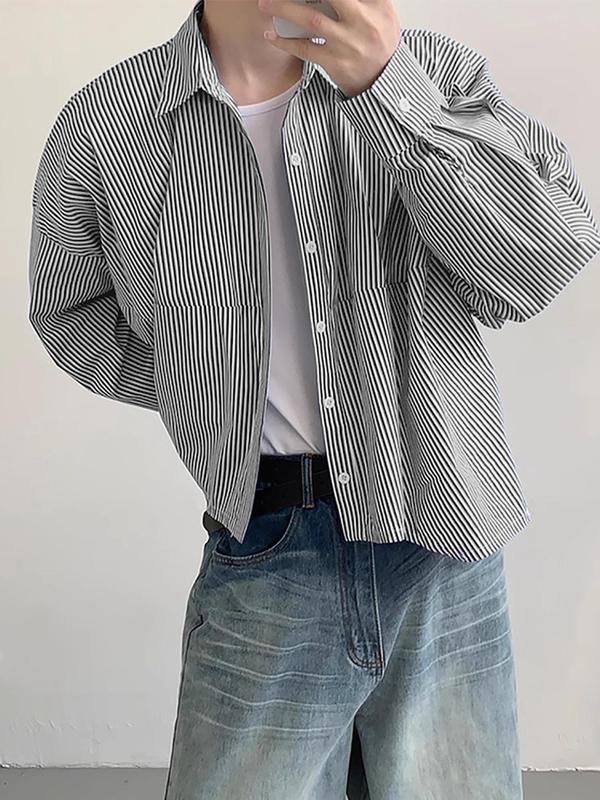 Men's Striped Print Button Front Shirt, Loose Casual Drop Shoulder Long Sleeve Collared Top for Daily Wear, Men's Clothes for All Seasons, Menswear 2