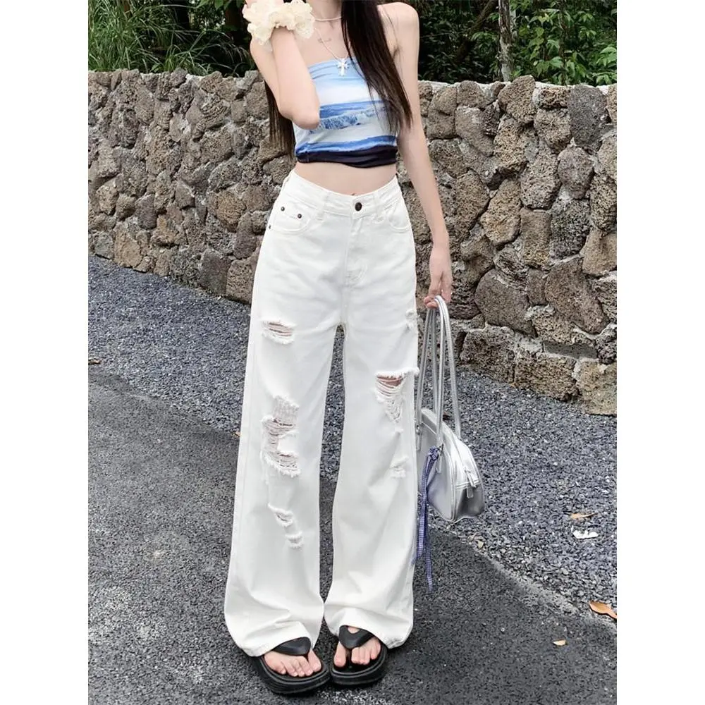 White Hole Straight Jeans for Women 2025 Summer New High Waist Design Sense Niche Wide-Leg Draggle-Tail Trousers Clothing Fashion Bottom Light Lingerie Lady Pants Streetwear Accessory Denim Basic Minimalist Clothe Womenswear Comfort