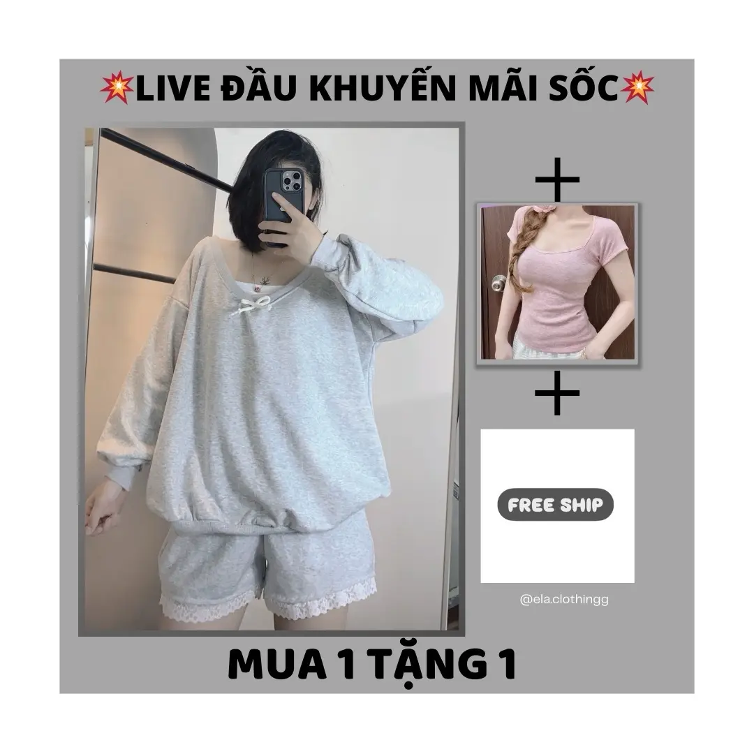 SET 3 Món Ela CloThing - Set Sweater Phong Cách Hàn Quốc Nỉ Lót Lông Tay Bồng Ấm Áp Form Rộng Kèm Quần Short Đùi Phối Viền Ren Bèo Nữ set  đồ set  botieuthu set  dothudong set _ set  sweater