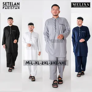 Baju Koko Pria Setelan Pakistan Dewasa Lengan Panjang Bahan Katun Toyobo Warna Abu Abu Dan Putih Hitam Size M L XL XXL XXXL XXXXL