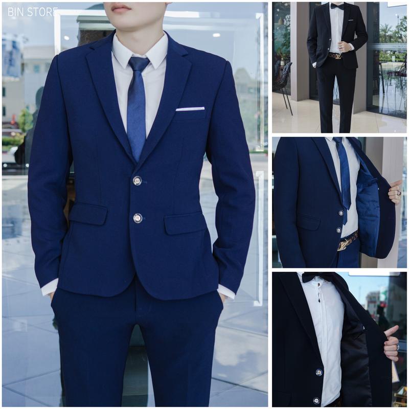 Bộ vest nam công sở 2 khuy 2 cúc form Hàn Quốc gồm áo + quần TẶNG kèm Cavat phụ kiện cài Vest và 2 quần sip nam chất vải tuyết mưa tây ko nhăn ko xù