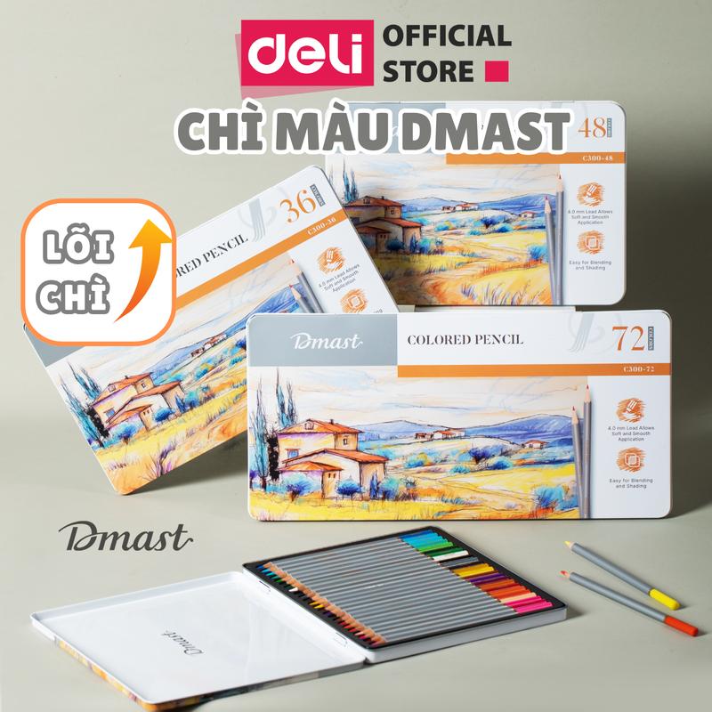 [NÂNG CẤP] Bút chì màu gốc dầu lõi 4mm Dmast x Deli - Tăng lượng màu, tô được nhiều hơn - Hộp màu chì thiếc 24/36/48/72 màu tươi sáng, nhiều dầu nên trơn tru