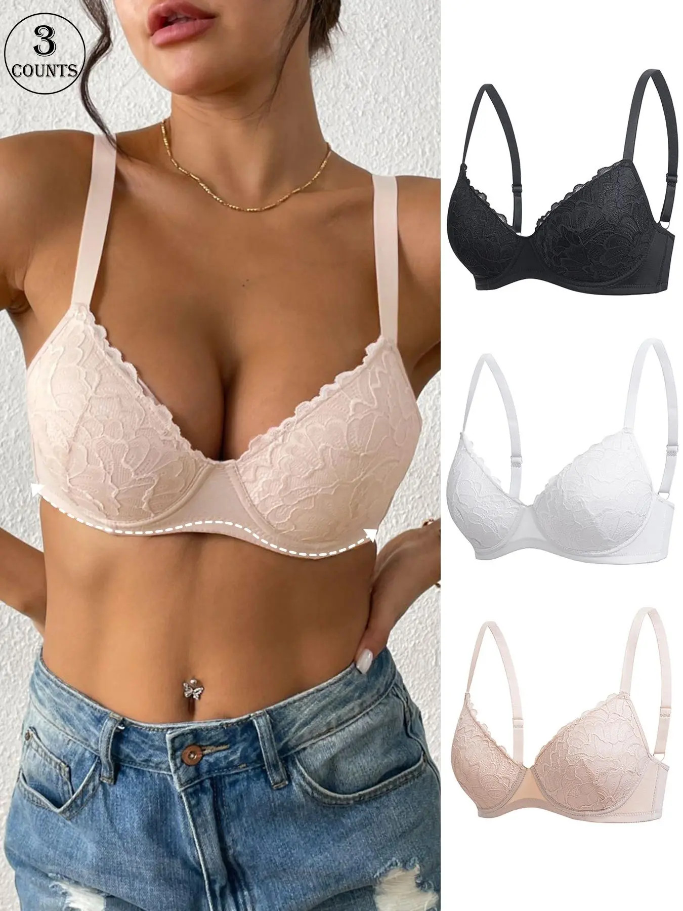 Women's Solid Lace Push Up Bra, Comfortable Breathable Adjustable Strap Bra, Soft Lingerie for All Seasons