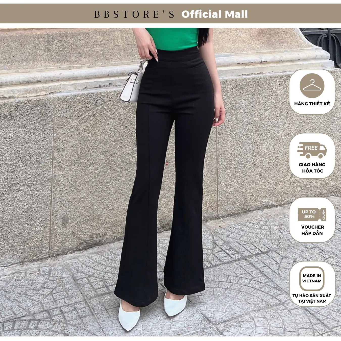 Quần ống loe hai túi chất thun co dãn công sở lưng cao BBSTORE'S -TK64