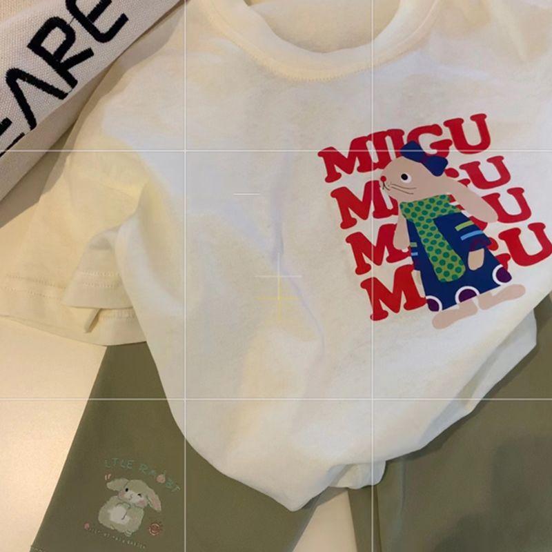 Product Introduction of Summer clothing new cotton short sleeved T-shirt for boys and girls, stylish cartoon bunny print, loose baby top for small and medium-sized children 24