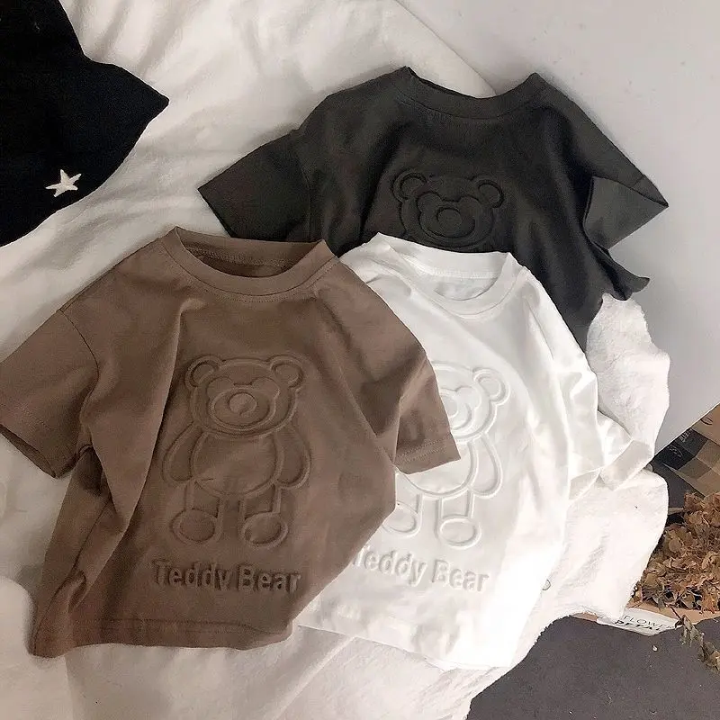 Áo Thun Bé Trai, In Hình Gấu, Cotton Mềm Ba Chiều Cho Trẻ Em, Áo Thun Ngắn Tay Mùa Hè, Áo Thường Ngày Cho Bé Gái, Áo Lớp Nền Thời Trang