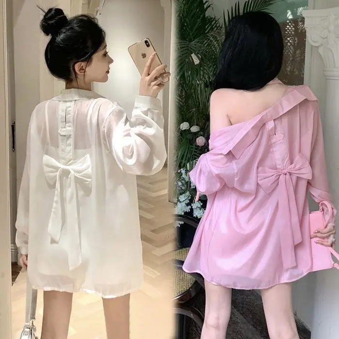 áo   kiểu hàn quốc sang chảnh , Phong Cách  Thần, Tay Phồng,  Rộng Vừa Vặn, Thời Trang, Thiết Yếu Chống Nắng, Thích Hợp Cho Các Hoạt Động Ngoài Trời, Có Nơ Ở Lưng|Áo   Lụa  /  tay dài voan tơ mỏngcác mẫu áo sơ mi nữ kiểu đẹp